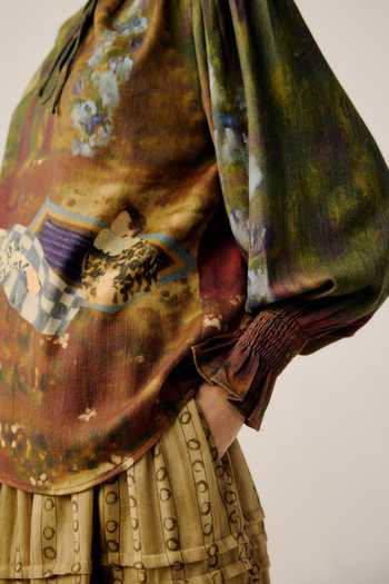 Cord_Multi Color Wool High Neck Lakeside Print Ruffled Top _Online_at_Aza_Fashions