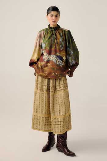 Shop_Cord_Multi Color Wool High Neck Lakeside Print Ruffled Top _at_Aza_Fashions
