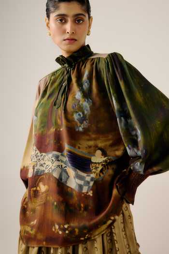 Buy_Cord_Multi Color Wool High Neck Lakeside Print Ruffled Top _Online_at_Aza_Fashions