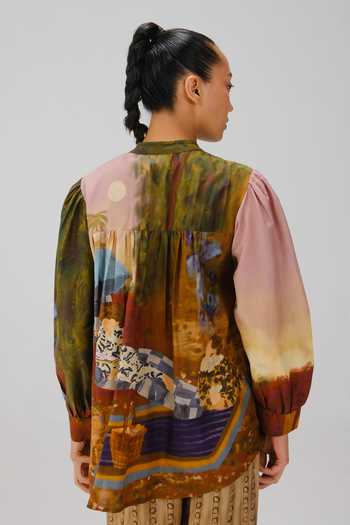 Shop_Cord_Multi Color Silk, Cotton Smocking, Beads Band Collar Leni Lakeside Print Top _at_Aza_Fashions