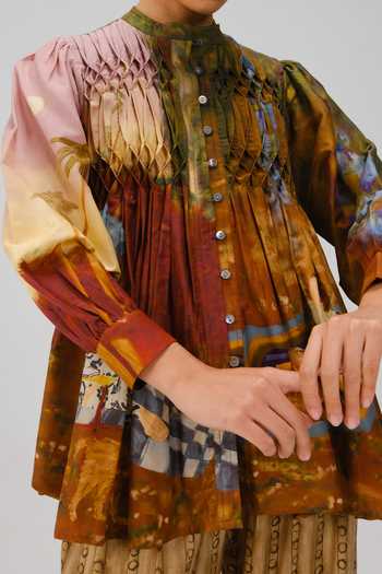 Buy_Cord_Multi Color Silk, Cotton Smocking, Beads Band Collar Leni Lakeside Print Top _Online_at_Aza_Fashions