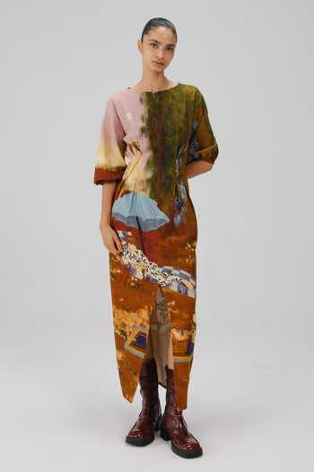 Buy_Cord_Multi Color Cotton, Crinkle Round Neck Lakeside Print Shaft Dress _at_Aza_Fashions