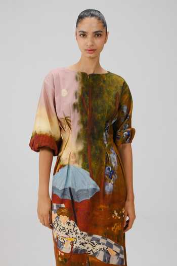Cord_Multi Color Cotton, Crinkle Round Neck Lakeside Print Shaft Dress _at_Aza_Fashions