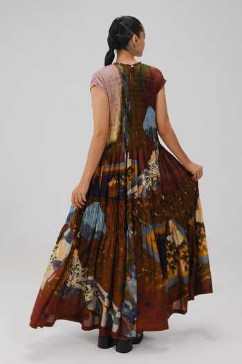Shop_Cord_Multi Color Cotton Smocking Round Neck July Lakeside Print Dress _at_Aza_Fashions