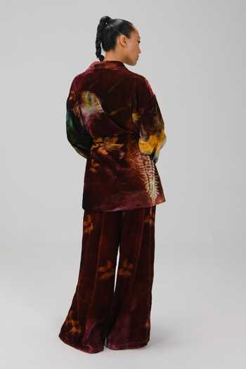 Shop_Cord_Wine Velvet Shawl Neck X-ray Print Jacket And Pant Set _at_Aza_Fashions