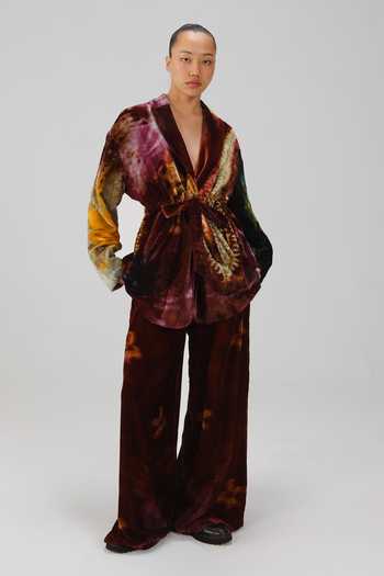 Cord_Wine Velvet Shawl Neck X-ray Print Jacket And Pant Set _Online_at_Aza_Fashions