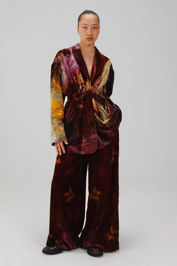 Shop_Cord_Wine Velvet Shawl Neck X-ray Print Jacket And Pant Set _Online_at_Aza_Fashions