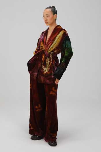 Cord_Wine Velvet Shawl Neck X-ray Print Jacket And Pant Set _at_Aza_Fashions