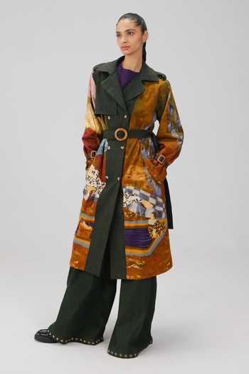 Buy_Cord_Multicolor Denim, Twill Lakeside Print Trench And Pant Set _at_Aza_Fashions