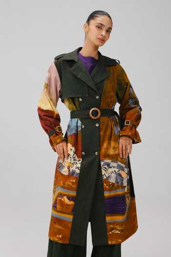 Buy_Cord_Multicolor Denim, Twill Lakeside Print Trench And Pant Set _Online_at_Aza_Fashions
