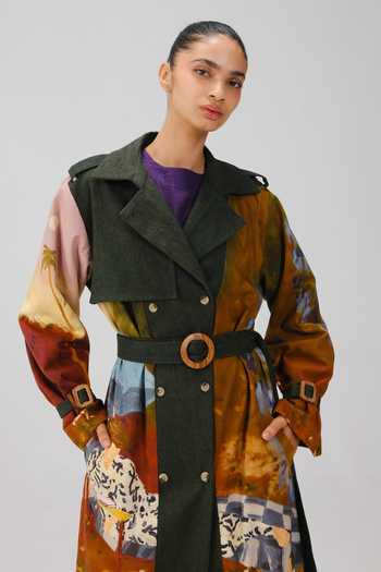Cord_Multicolor Denim, Twill Lakeside Print Trench And Pant Set _at_Aza_Fashions