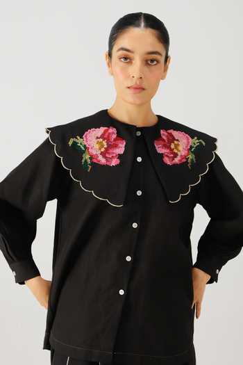 Buy_Cord_Black Linen Embroidery Collared Julia Rose Placement Top _at_Aza_Fashions