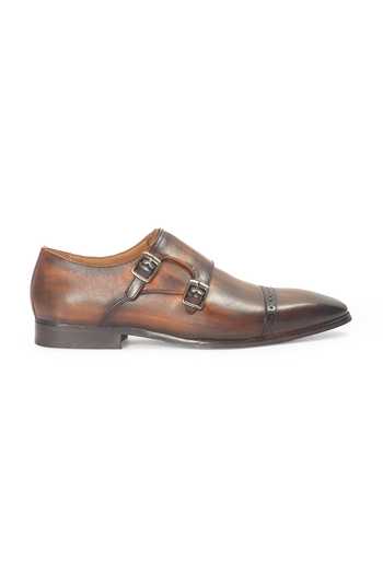 Domani_Brown Wellington Patina Leather Monk Strap Shoes _Online_at_Aza_Fashions