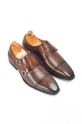 Buy_Domani_Brown Wellington Patina Leather Monk Strap Shoes _Online_at_Aza_Fashions