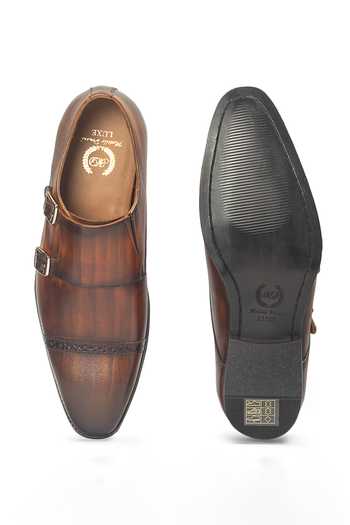 Shop_Domani_Brown Wellington Patina Leather Monk Strap Shoes _at_Aza_Fashions