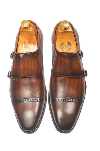 Shop_Domani_Brown Wellington Patina Leather Monk Strap Shoes _Online_at_Aza_Fashions
