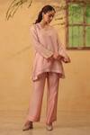 Buy_Label Niti Bothra_Pink Silk, Chanderi, Tencel Embroidery, Pearls, Applique V-neck Kurta And Pant Set _at_Aza_Fashions