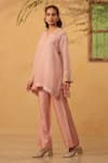 Label Niti Bothra_Pink Silk, Chanderi, Tencel Embroidery, Pearls, Applique V-neck Kurta And Pant Set _Online_at_Aza_Fashions