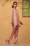 Buy_Label Niti Bothra_Pink Silk, Chanderi, Tencel Embroidery, Pearls, Applique V-neck Kurta And Pant Set _Online_at_Aza_Fashions