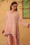 Shop_Label Niti Bothra_Pink Silk, Chanderi, Tencel Embroidery, Pearls, Applique V-neck Kurta And Pant Set _Online_at_Aza_Fashions