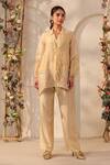 Buy_Label Niti Bothra_Beige Silk, Organza, Tencel Embroidery, Pearls, Applique Collared Top And Pant Set _at_Aza_Fashions