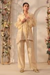 Label Niti Bothra_Beige Silk, Organza, Tencel Embroidery, Pearls, Applique Collared Top And Pant Set _at_Aza_Fashions