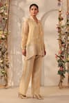 Buy_Label Niti Bothra_Beige Silk, Organza, Tencel Embroidery, Pearls, Applique Collared Top And Pant Set 