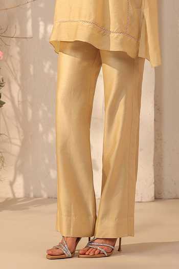 Label Niti Bothra_Beige Silk, Tencel Lace Collared Top And Pant Set _Online_at_Aza_Fashions
