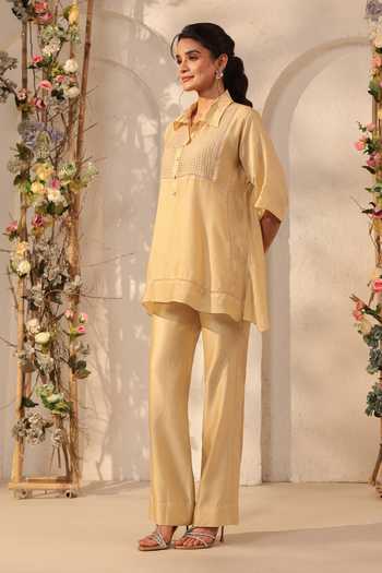 Shop_Label Niti Bothra_Beige Silk, Tencel Lace Collared Top And Pant Set _at_Aza_Fashions