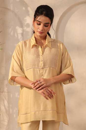 Buy_Label Niti Bothra_Beige Silk, Tencel Lace Collared Top And Pant Set _Online_at_Aza_Fashions