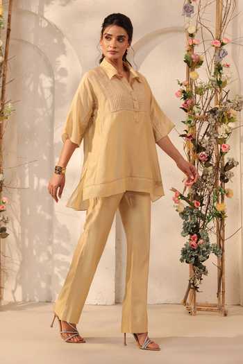 Shop_Label Niti Bothra_Beige Silk, Tencel Lace Collared Top And Pant Set _Online_at_Aza_Fashions