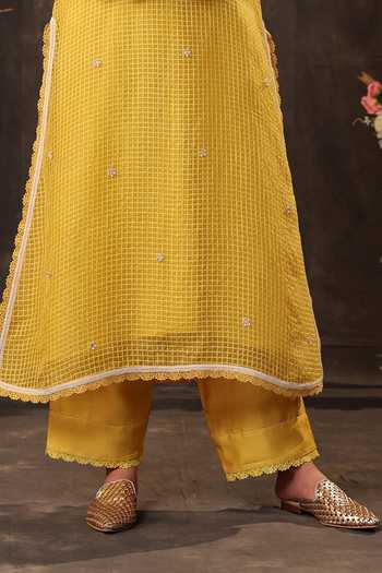 Label Niti Bothra_Yellow Silk, Chanderi, Tencel Embroidery, Pearls, Lace Floral Kurta And Pant Set _Online_at_Aza_Fashions