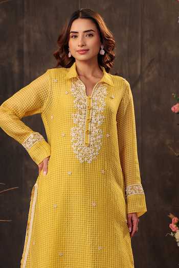 Buy_Label Niti Bothra_Yellow Silk, Chanderi, Tencel Embroidery, Pearls, Lace Floral Kurta And Pant Set _Online_at_Aza_Fashions