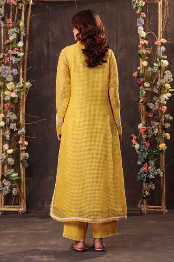 Shop_Label Niti Bothra_Yellow Silk, Chanderi, Tencel Embroidery, Pearls, Lace Floral Kurta And Pant Set _at_Aza_Fashions