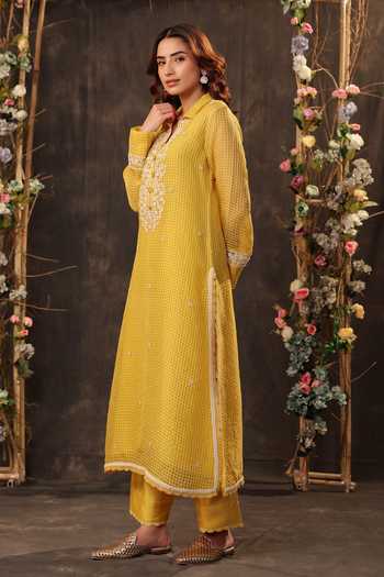 Shop_Label Niti Bothra_Yellow Silk, Chanderi, Tencel Embroidery, Pearls, Lace Floral Kurta And Pant Set _Online_at_Aza_Fashions