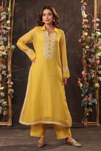 Label Niti Bothra_Yellow Silk, Chanderi, Tencel Embroidery, Pearls, Lace Floral Kurta And Pant Set _at_Aza_Fashions