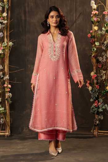 Buy_Label Niti Bothra_Pink Silk, Chanderi, Tencel Embroidery, Pearls Collared, Yes Kurta And Pant Set _at_Aza_Fashions