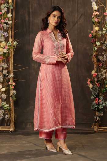 Buy_Label Niti Bothra_Pink Silk, Chanderi, Tencel Embroidery, Pearls Collared, Yes Kurta And Pant Set _Online_at_Aza_Fashions