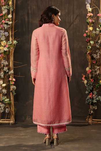 Shop_Label Niti Bothra_Pink Silk, Chanderi, Tencel Embroidery, Pearls Collared, Yes Kurta And Pant Set _at_Aza_Fashions