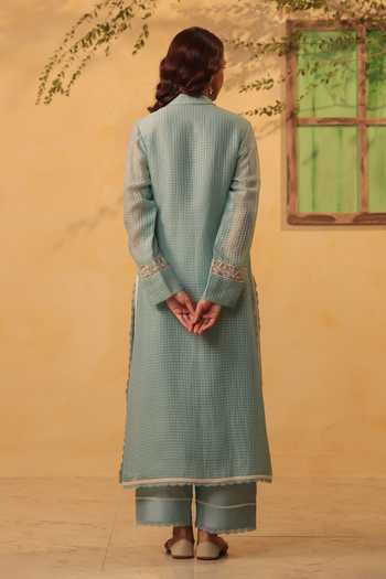 Shop_Label Niti Bothra_Blue Silk, Chanderi, Tencel Pearls, Lace Collared Light Kurta And Pant Set _at_Aza_Fashions