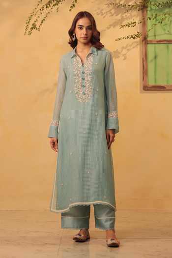 Label Niti Bothra_Blue Silk, Chanderi, Tencel Pearls, Lace Collared Light Kurta And Pant Set _Online_at_Aza_Fashions