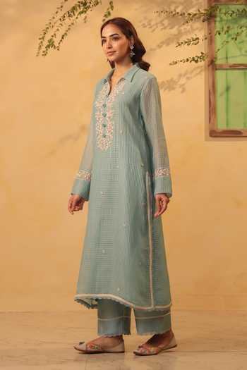 Buy_Label Niti Bothra_Blue Silk, Chanderi, Tencel Pearls, Lace Collared Light Kurta And Pant Set _Online_at_Aza_Fashions