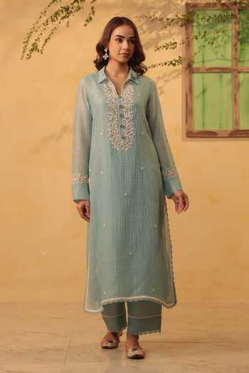Shop_Label Niti Bothra_Blue Silk, Chanderi, Tencel Pearls, Lace Collared Light Kurta And Pant Set _Online_at_Aza_Fashions