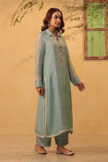 Label Niti Bothra_Blue Silk, Chanderi, Tencel Pearls, Lace Collared Light Kurta And Pant Set _at_Aza_Fashions