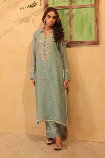 Buy_Label Niti Bothra_Blue Silk, Chanderi, Tencel Pearls, Lace Collared Light Kurta And Pant Set 