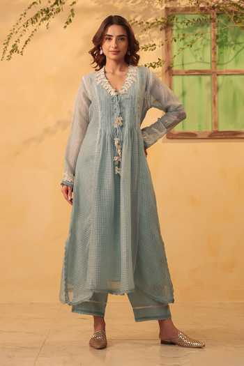 Buy_Label Niti Bothra_Blue Silk, Chanderi, Tencel Pearls, Lace Collared Light Kurta And Pant Set _at_Aza_Fashions