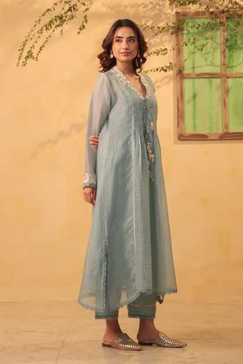 Shop_Label Niti Bothra_Blue Silk, Chanderi, Tencel Pearls, Lace Collared Light Kurta And Pant Set 