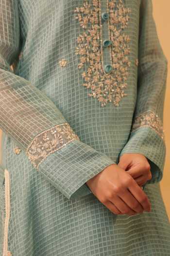 Label Niti Bothra_Blue Silk, Chanderi, Tencel Pearls, Lace Collared Light Kurta And Pant Set _Online