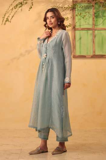 Buy_Label Niti Bothra_Blue Silk, Chanderi, Tencel Pearls, Lace Collared Light Kurta And Pant Set _Online