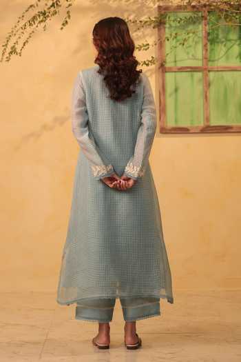 Shop_Label Niti Bothra_Blue Silk, Chanderi, Tencel Pearls, Lace Collared Light Kurta And Pant Set _Online